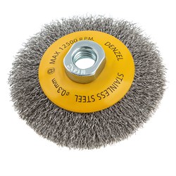 Щетка для УШМ, 100 мм, "Тарелка", витая нержавеющая проволока 0.3 мм, М14 Denzel 10855